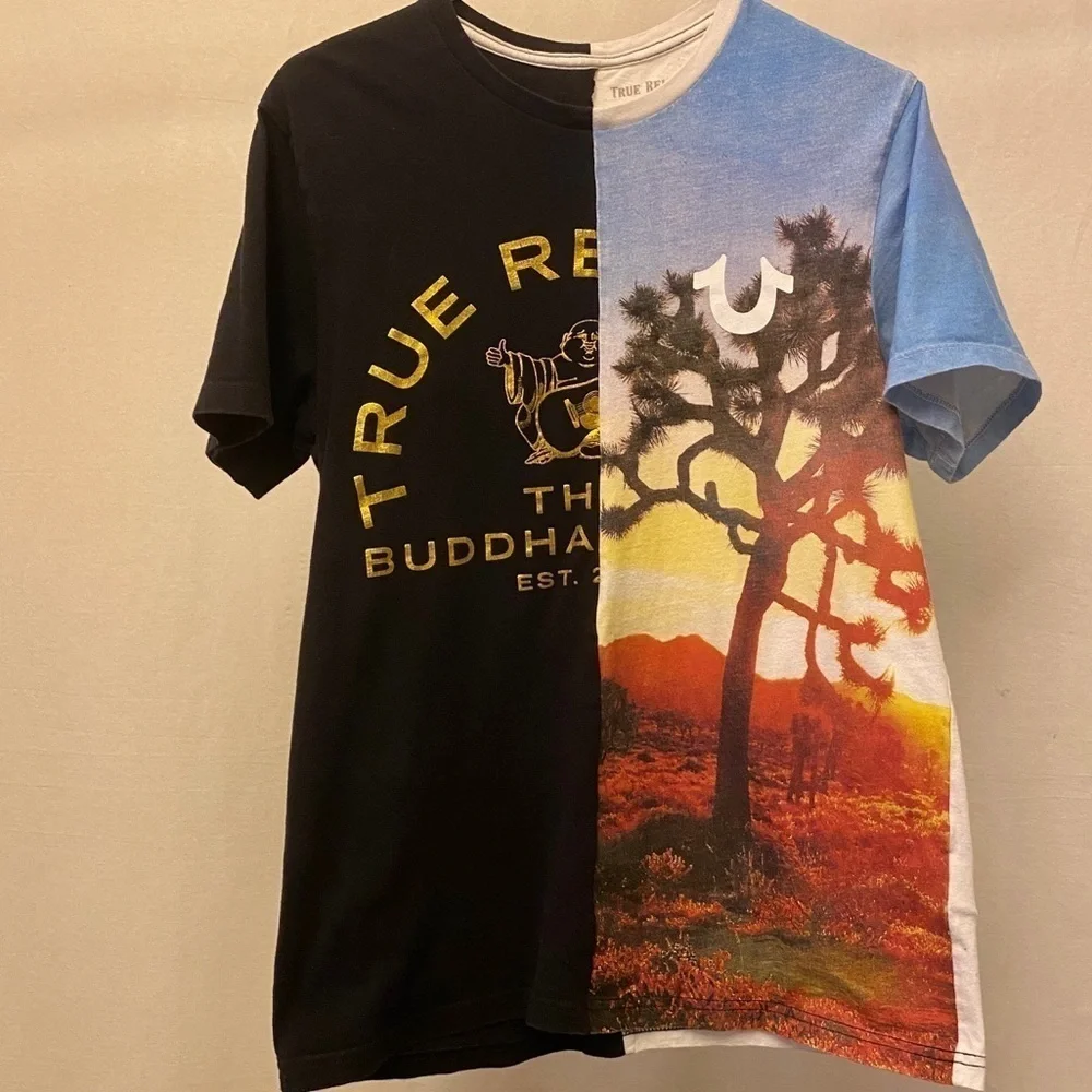 True Religion Sz Small T Shirt, Logo, Joshua Tree Graphic, Buddha, Desert Color